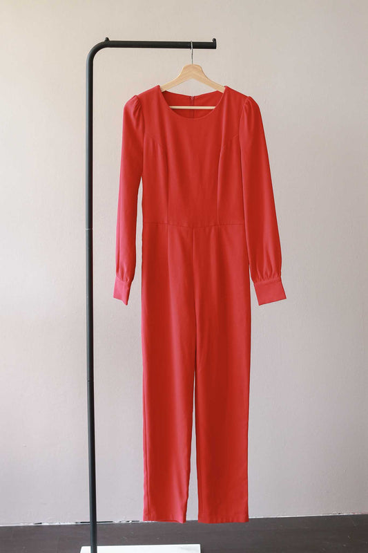 Puff Sleeve Red Jumpsuit