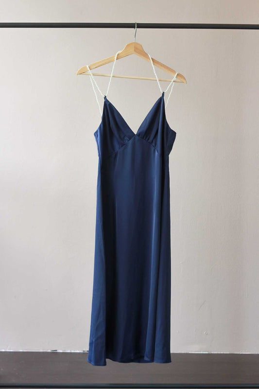 Rihoas Navy Satin V-Neck Sleeveless Pearl Strap Midi Dress