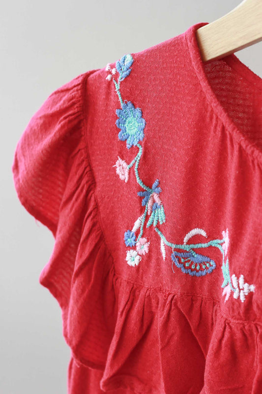 Mango Casual Floral Embroidered Patch Ruffle Top