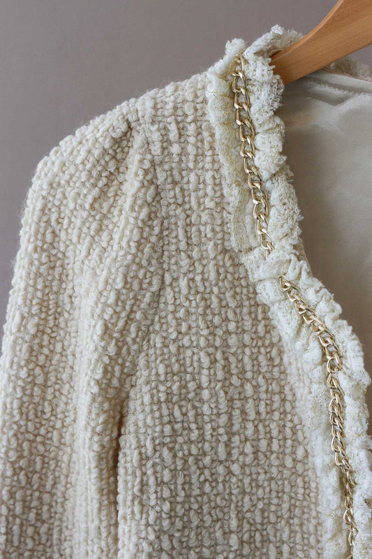 Textured Cardigan with Ruffle Trim and Embellishment