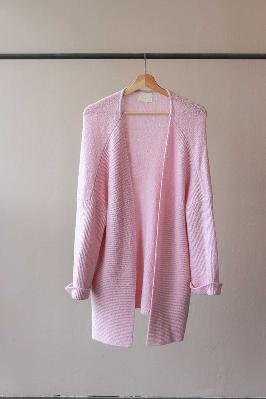 Knitted Long Line Cardigan in Baby Pink