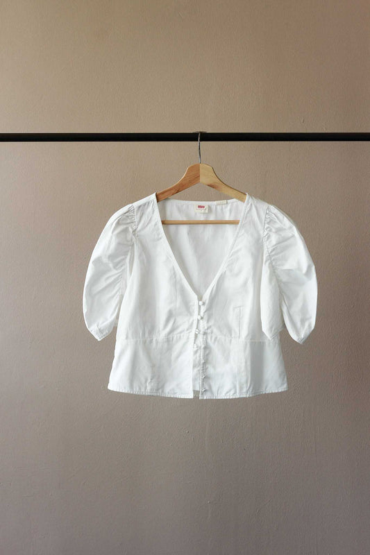 Levi's V-Neck Puff Sleeve Button Down Top - White