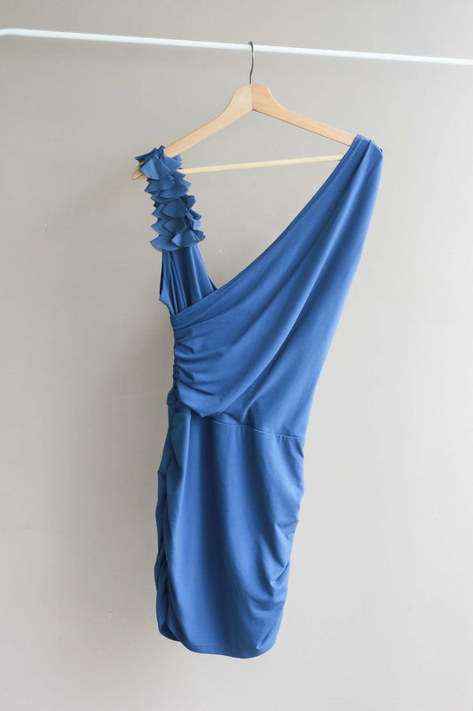 V-Neck Ruffle Shoulder with Side Ruching Dress