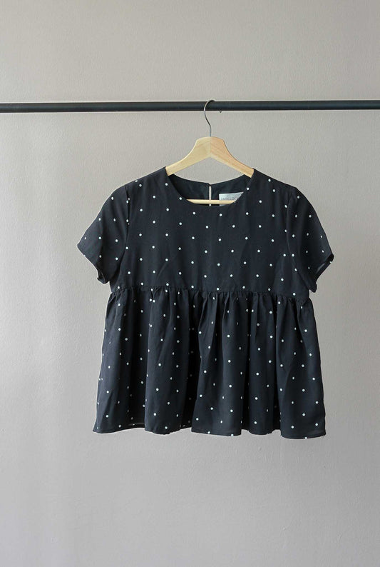 AntiClockWise Sleeved Babydoll Top in Black Polka Dot